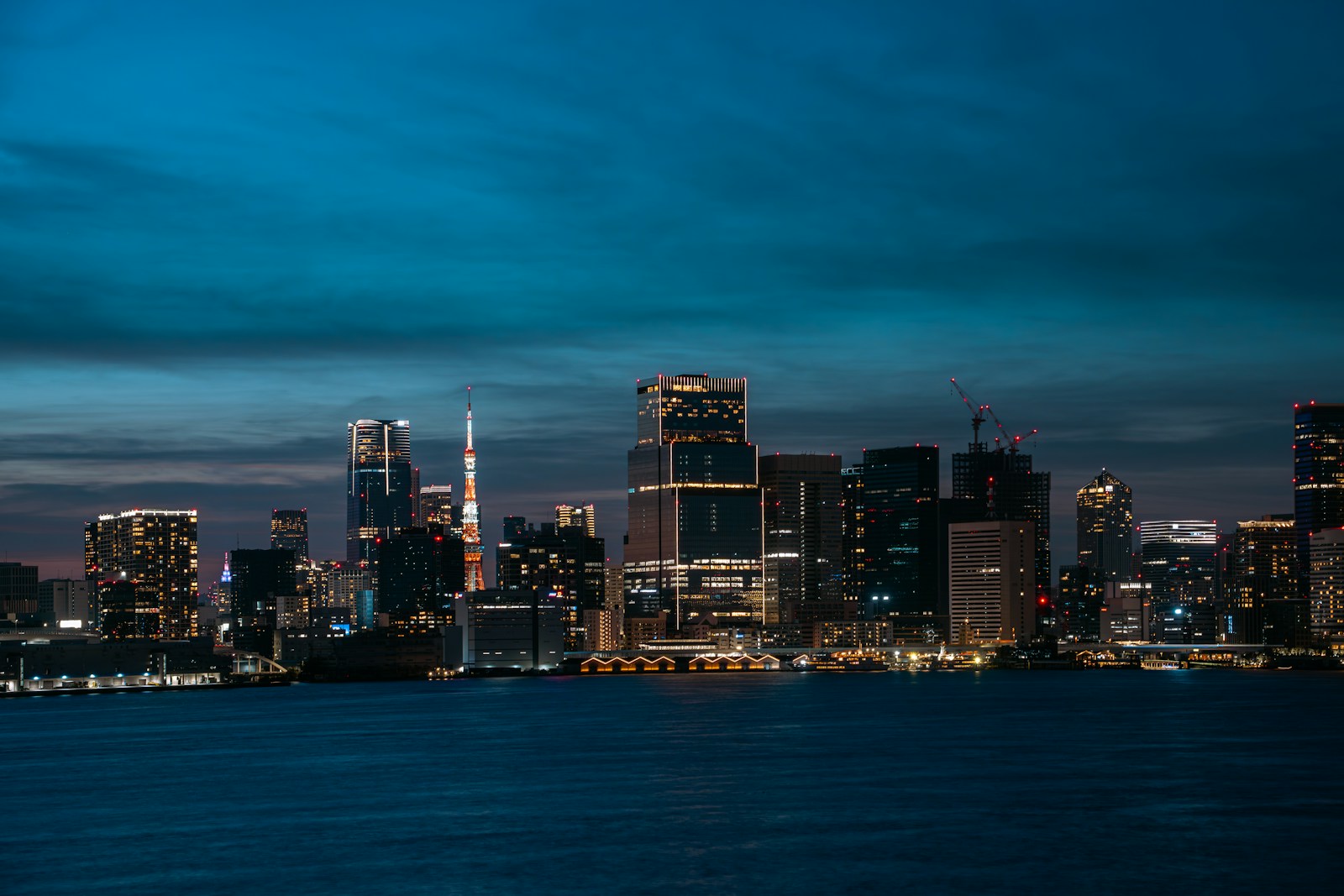 夕暮れの東京湾岸と東京タワーの街並み